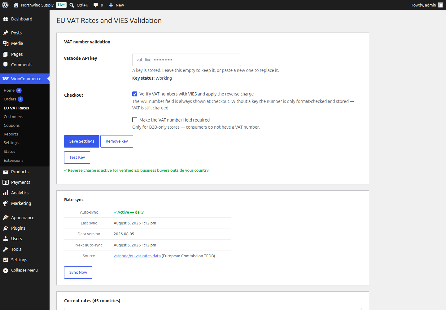 Settings screen — API key, checkout options, sync status and current rates