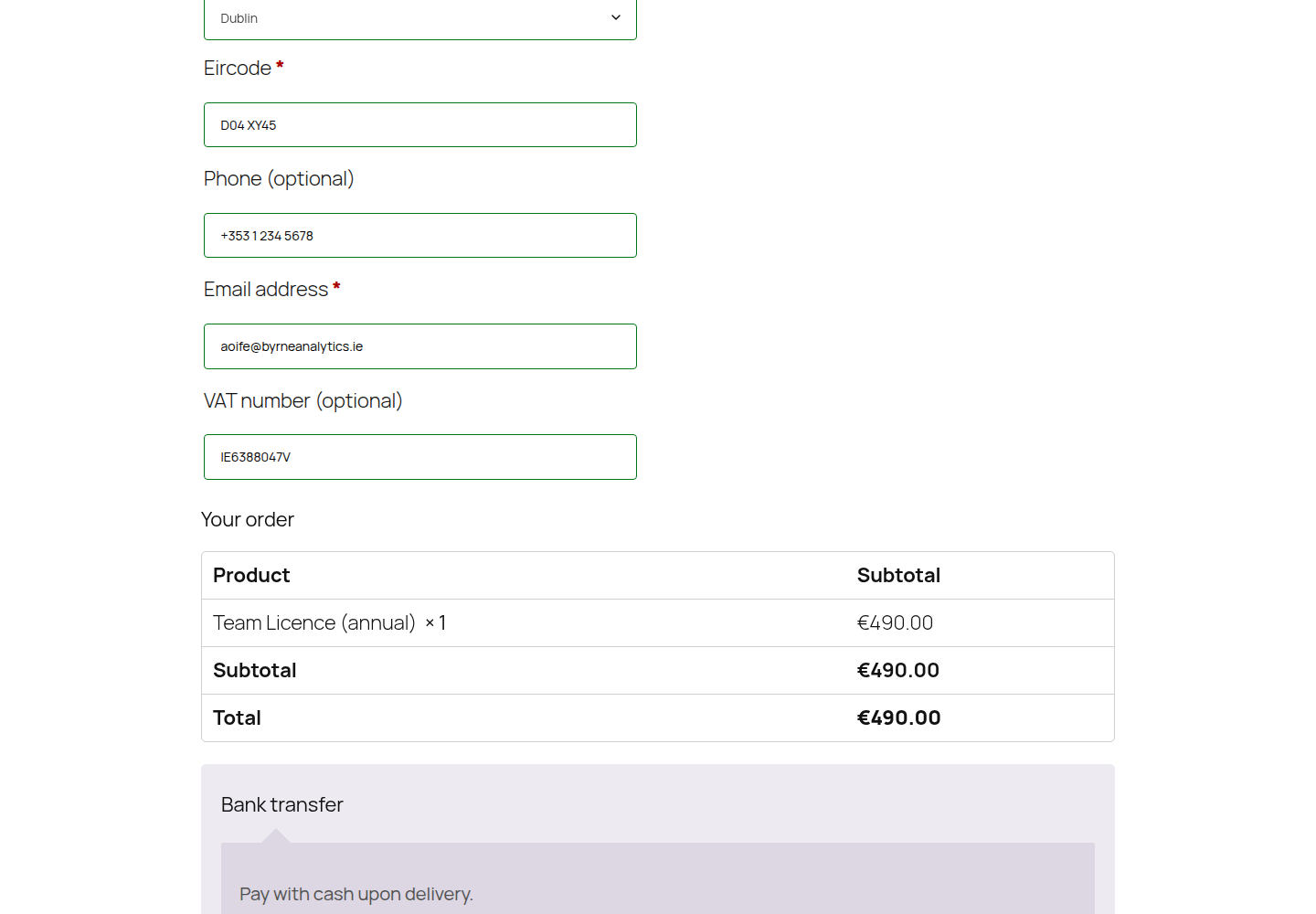 Classic checkout — a verified VAT number removes VAT from the total