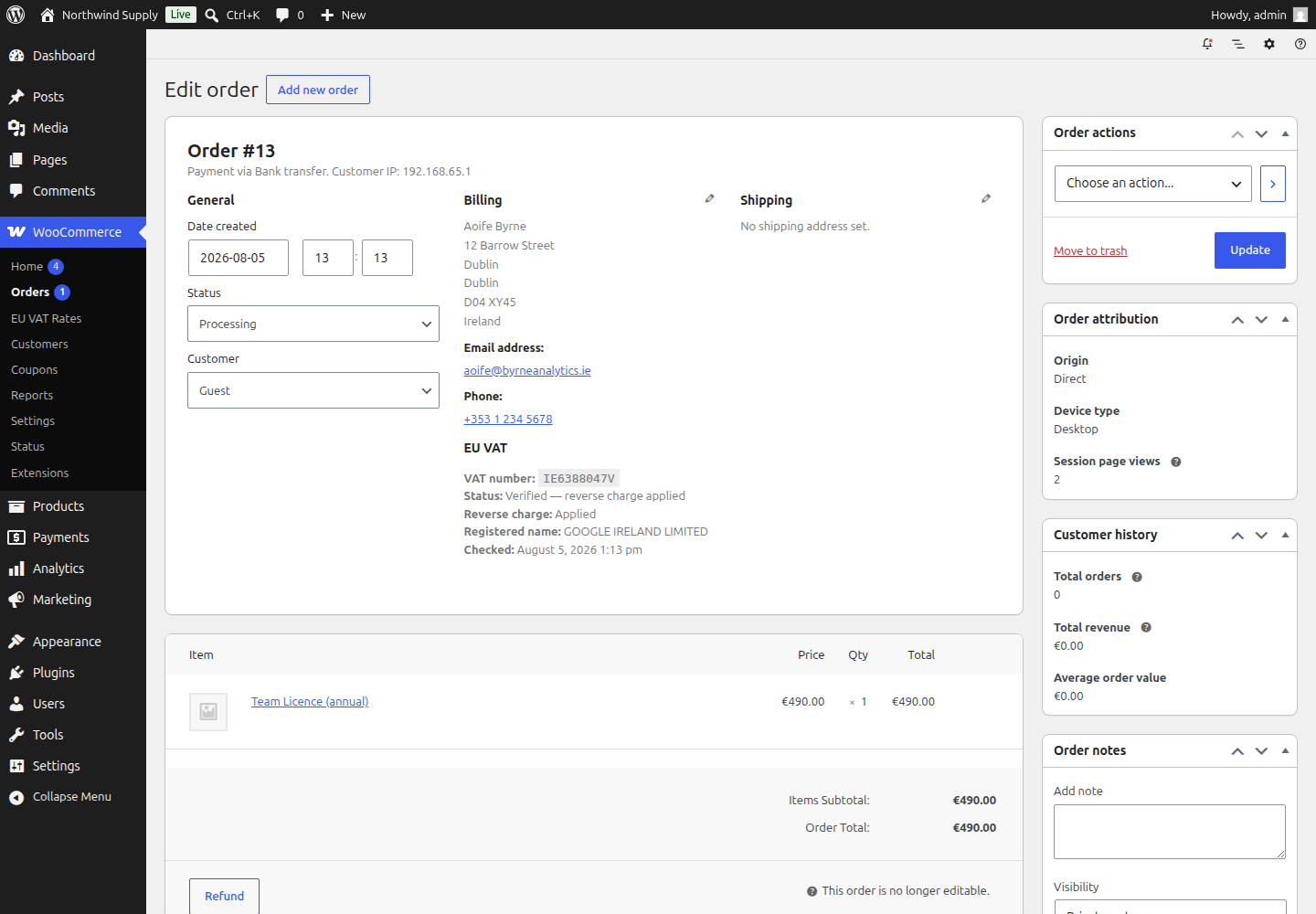 Order screen — VAT number, verification status and registered company name