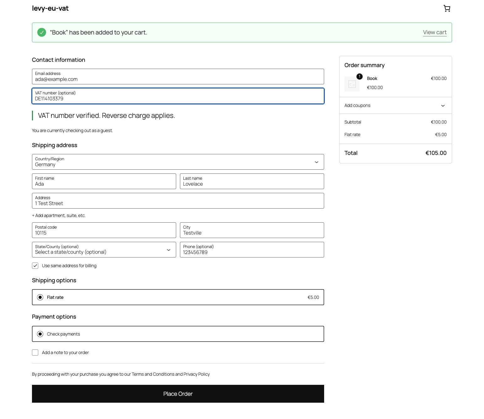 Block checkout with a valid VAT number and the reverse charge notice.