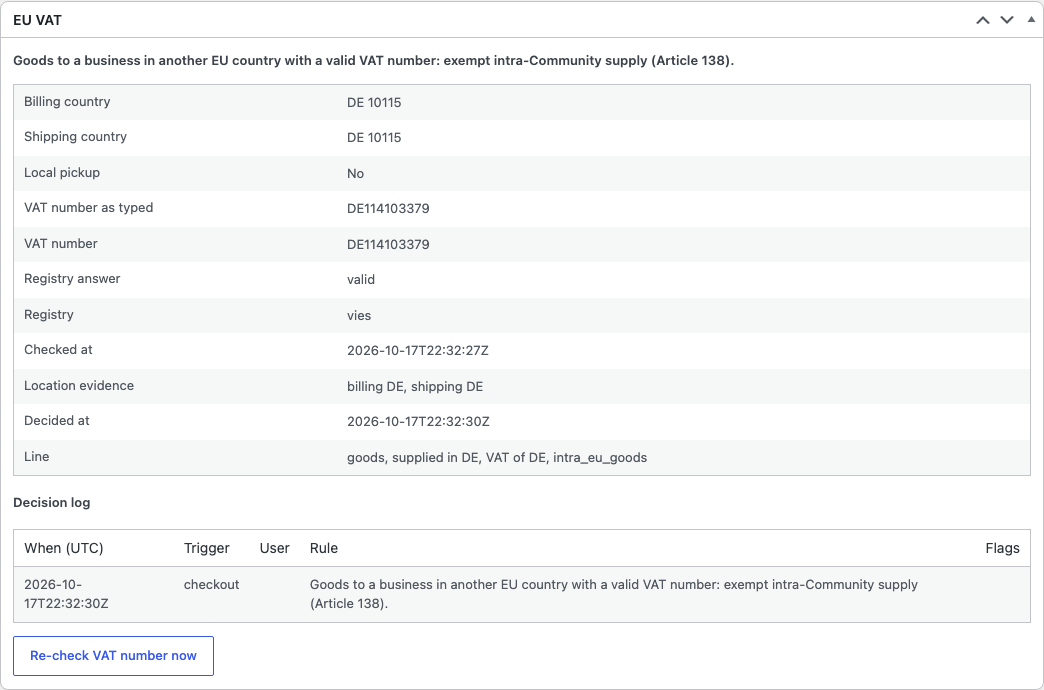 The EU VAT box on an order, with the decision and its inputs.