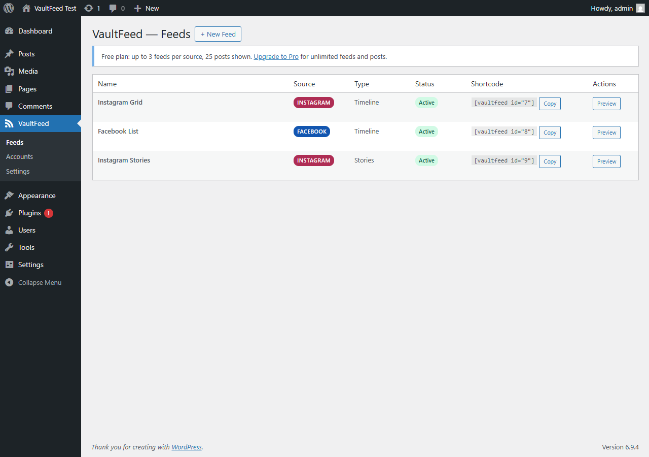 The Feeds list page — all your feeds at a glance with shortcode copy.