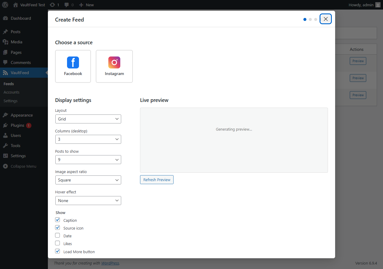 Feed creation wizard — choose source, account, type, and display settings.