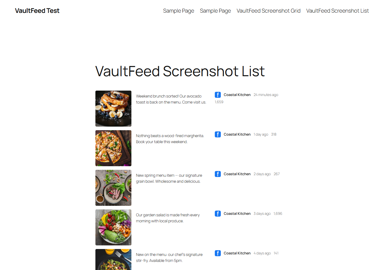 List layout with caption, date, and meta displayed.
