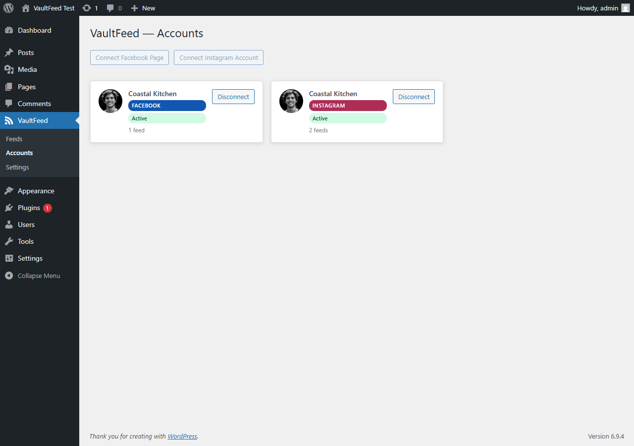 Accounts page — connected accounts with token status badges.