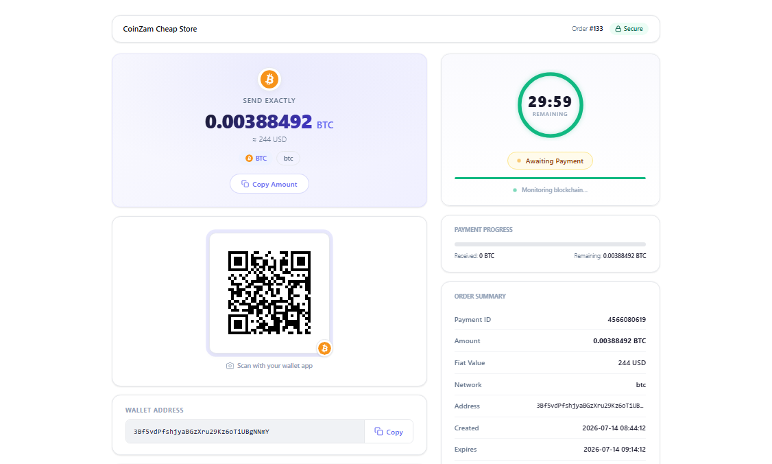 Payment page showing QR code, amount, and wallet address