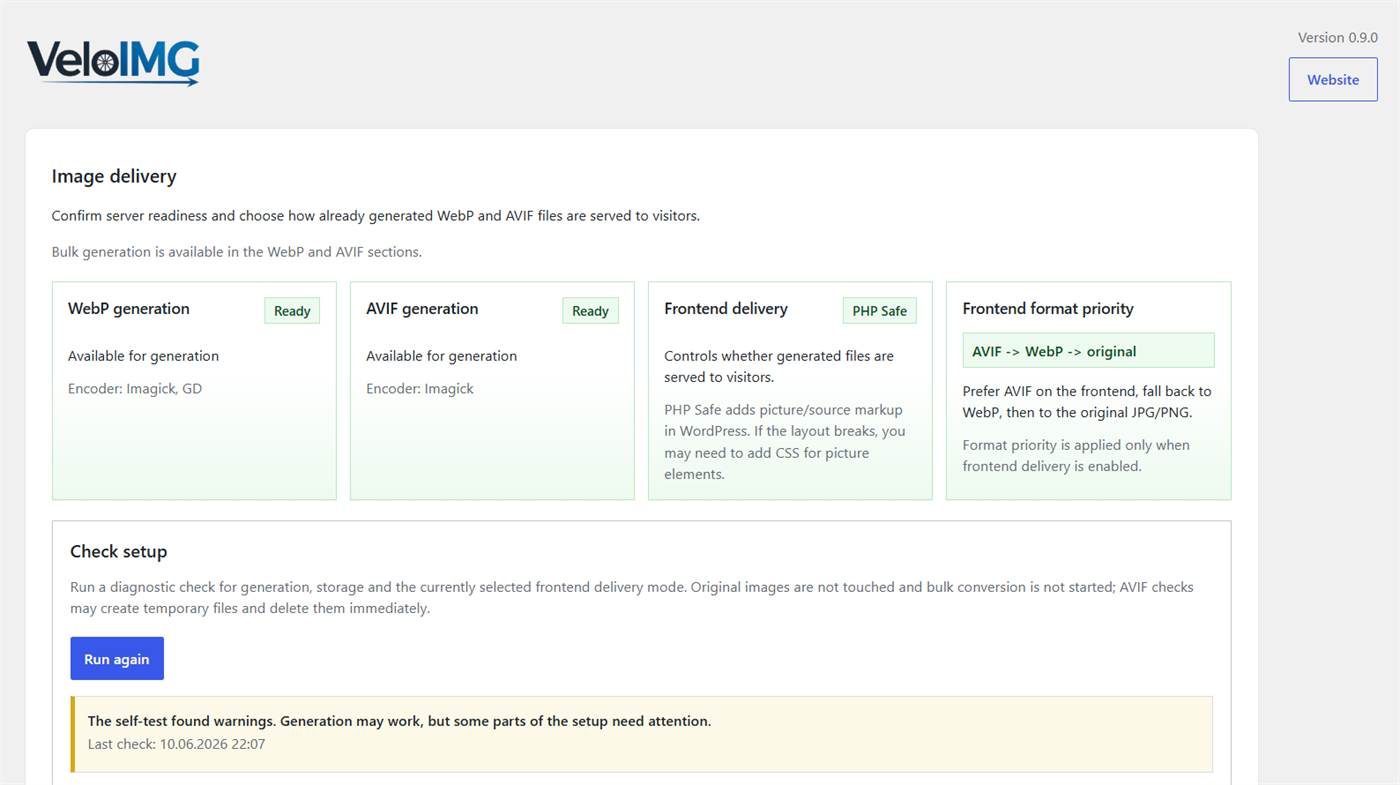 Main VeloIMG dashboard with server readiness, frontend delivery, format priority, and setup checks.