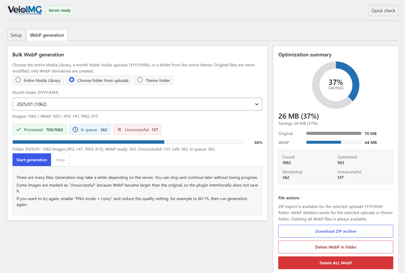 WebP section with generation settings, folder selection, progress, statistics, and file management.