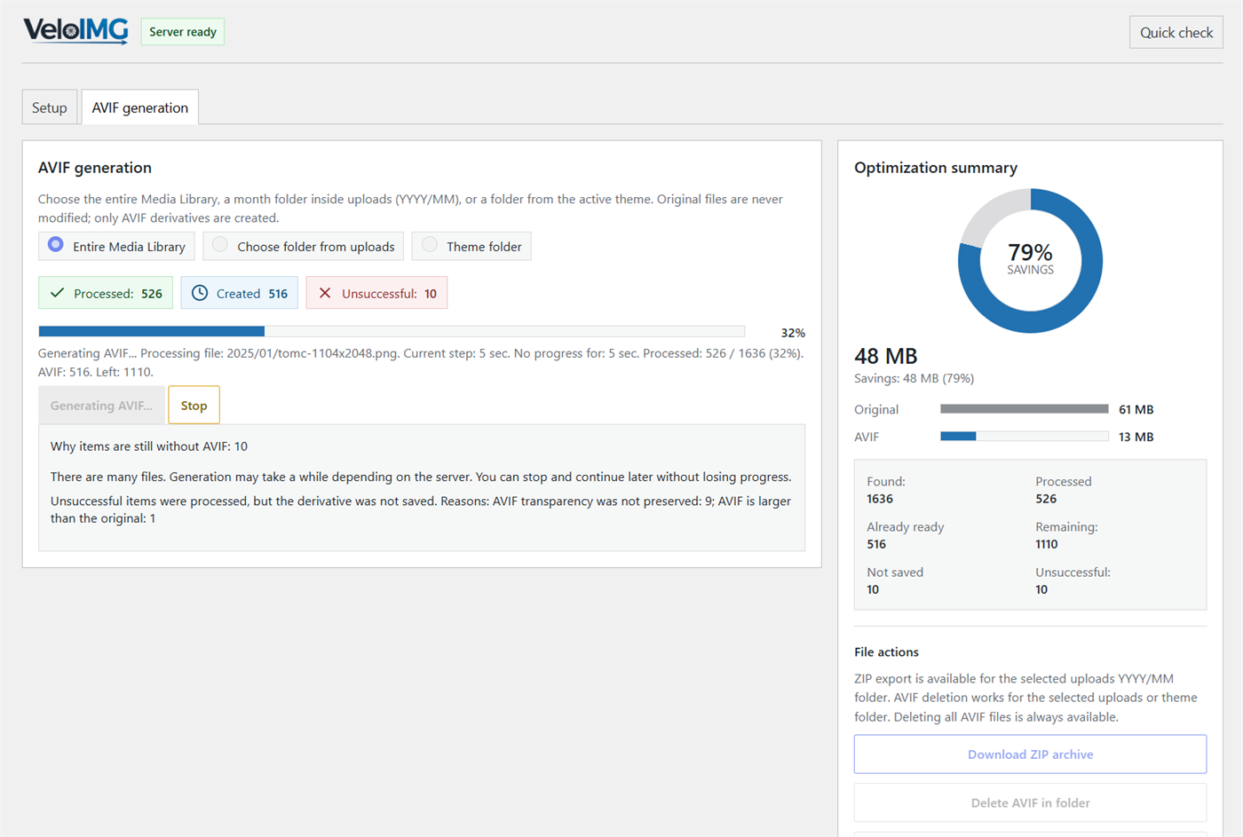 AVIF section with generation settings, folder selection, progress, statistics, and file management.