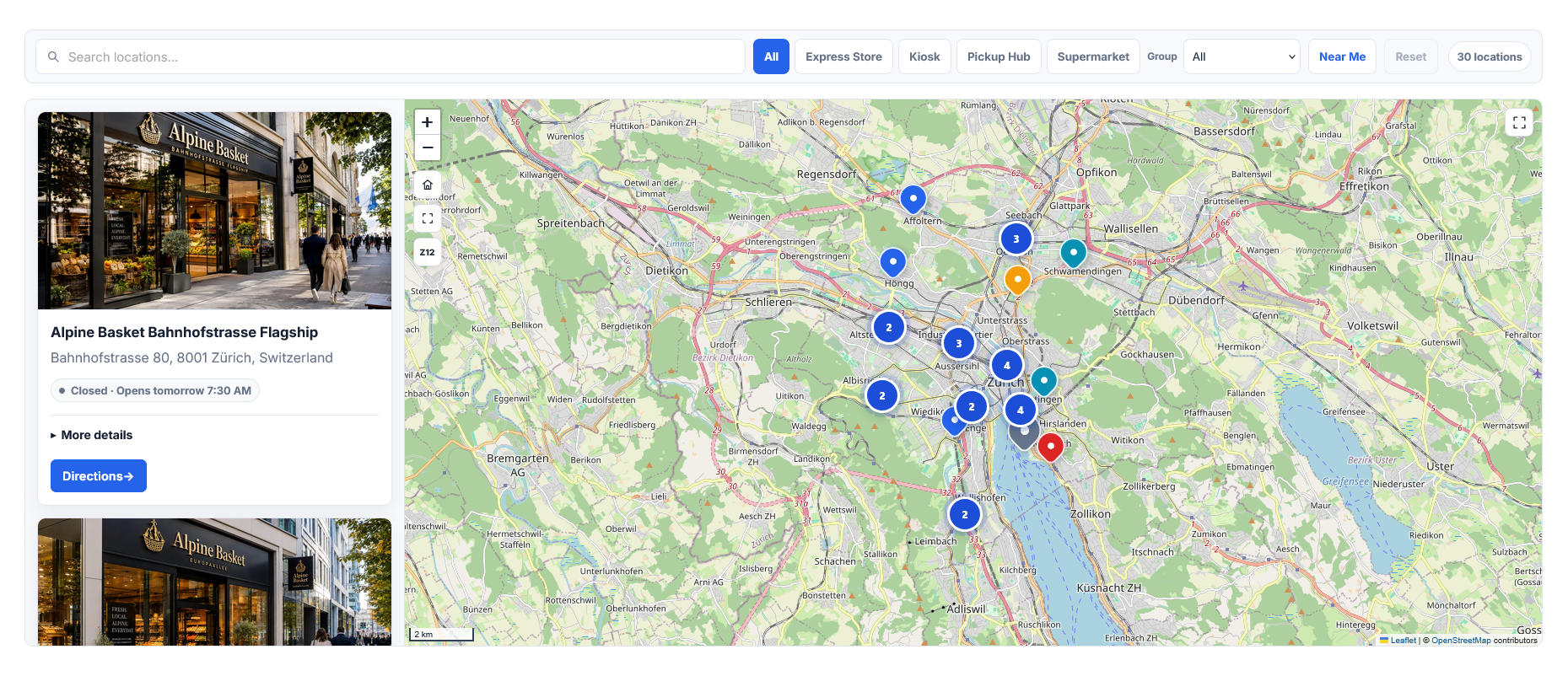 A complete frontend locator experience with interactive maps, location cards, search, filters, clustering, Near Me, and directions.