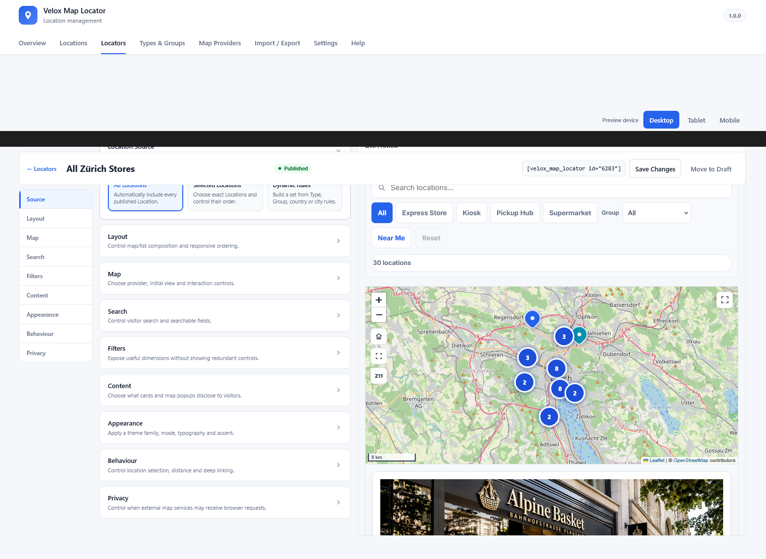 Build and preview reusable locators with flexible source, layout, map, search, filter, content, appearance, behavior, and privacy controls.