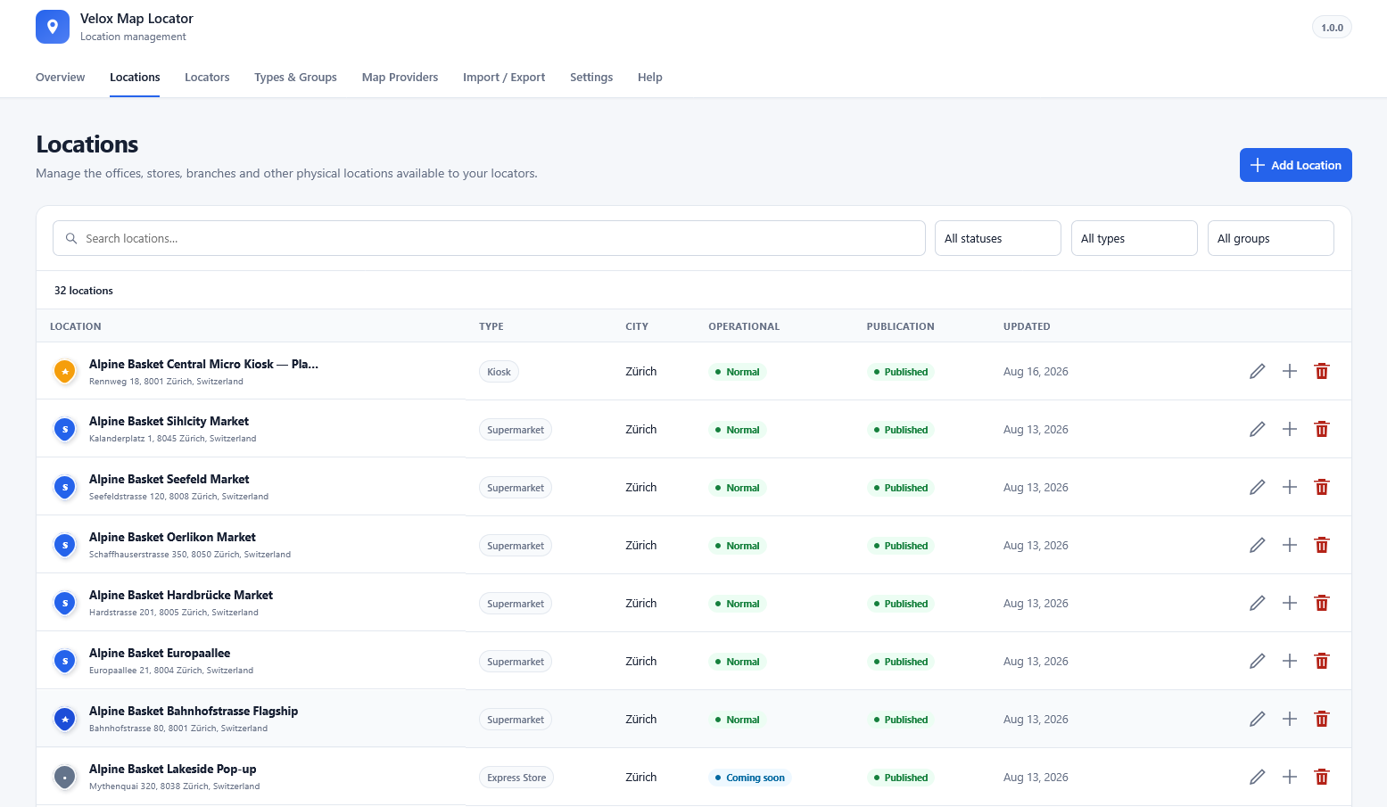 Manage locations from a streamlined admin interface with search, filtering, location types, operational status, and publication controls.