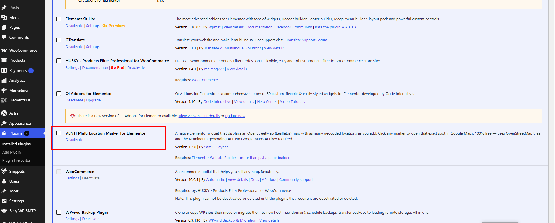 The widget listed under Installed Plugins, ready to use.