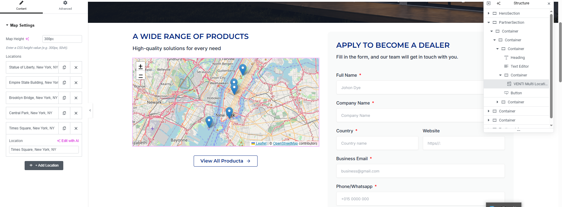 Dragging the VENTI Multi Location Marker widget onto a page in the Elementor editor.
