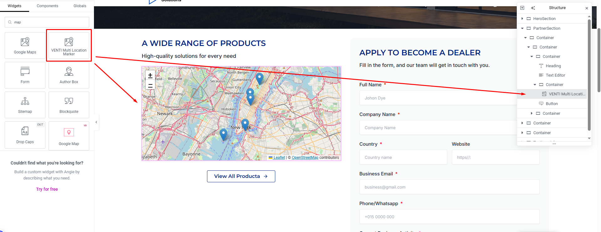 The widget's settings panel — add unlimited locations and set the map height, with a live preview.