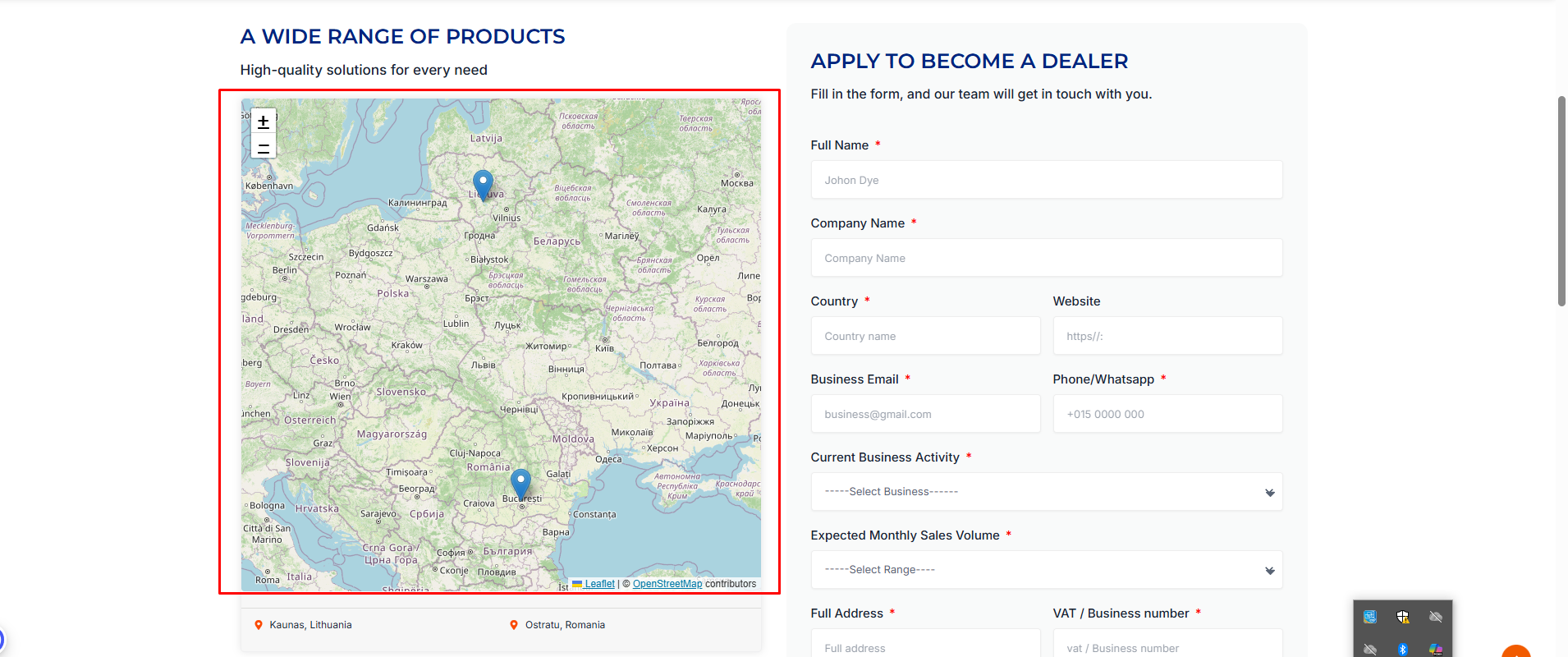 The map on the live front-end page, showing multiple geocoded markers.