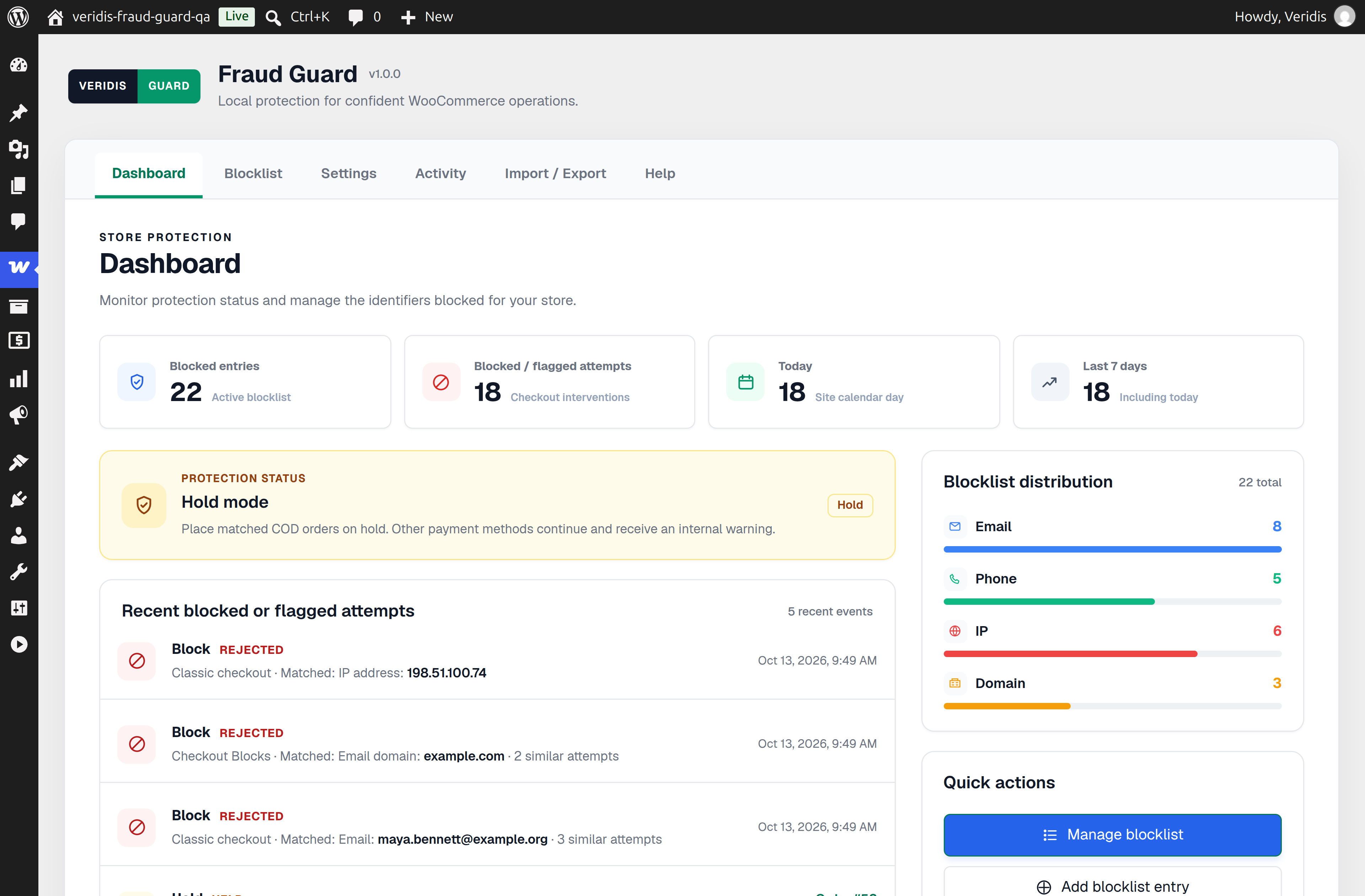 Dashboard overview with Blocklist totals, intervention counts, and recent Activity.
