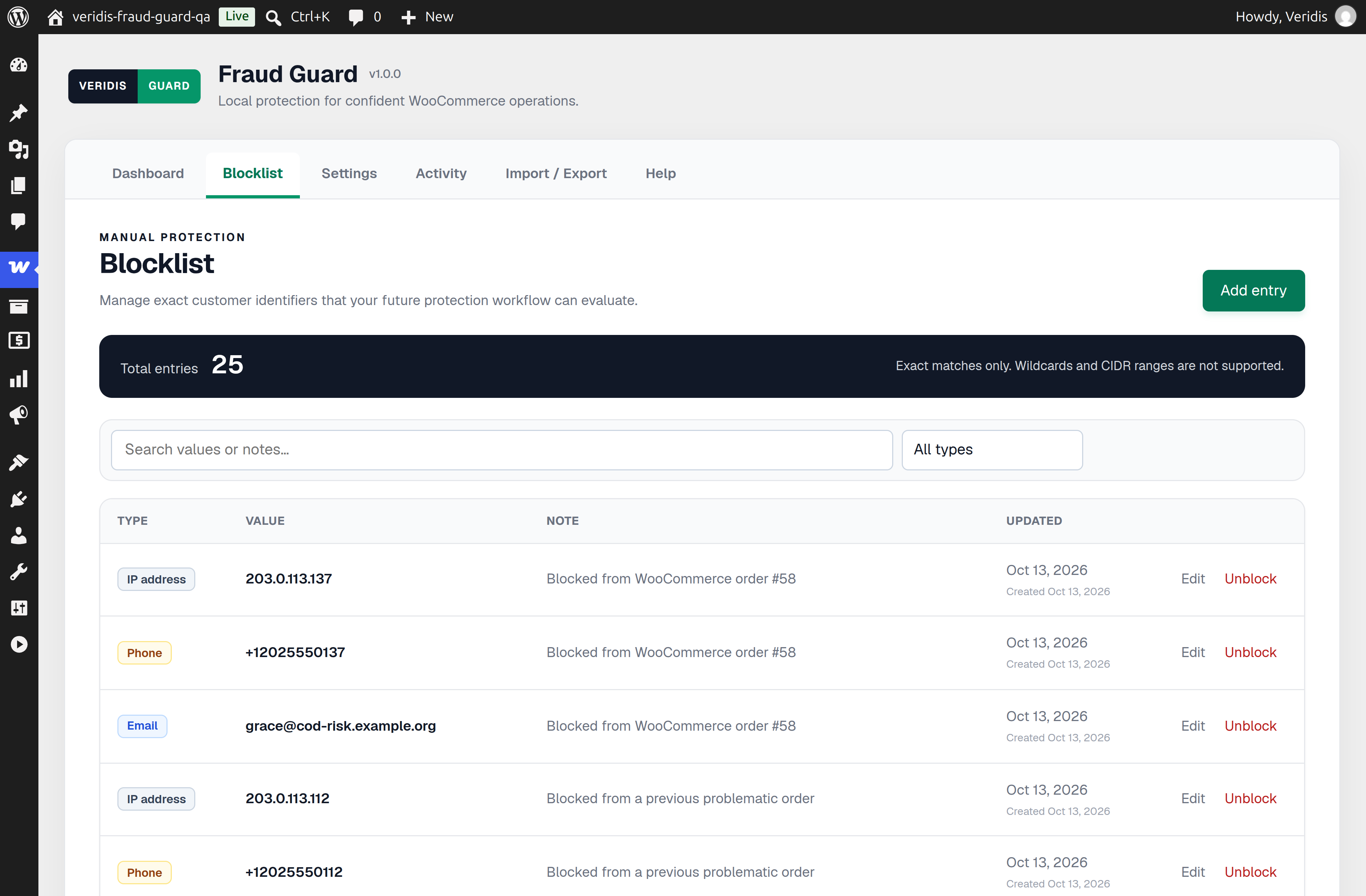 Searchable Blocklist for email, phone, IP, and domain entries.