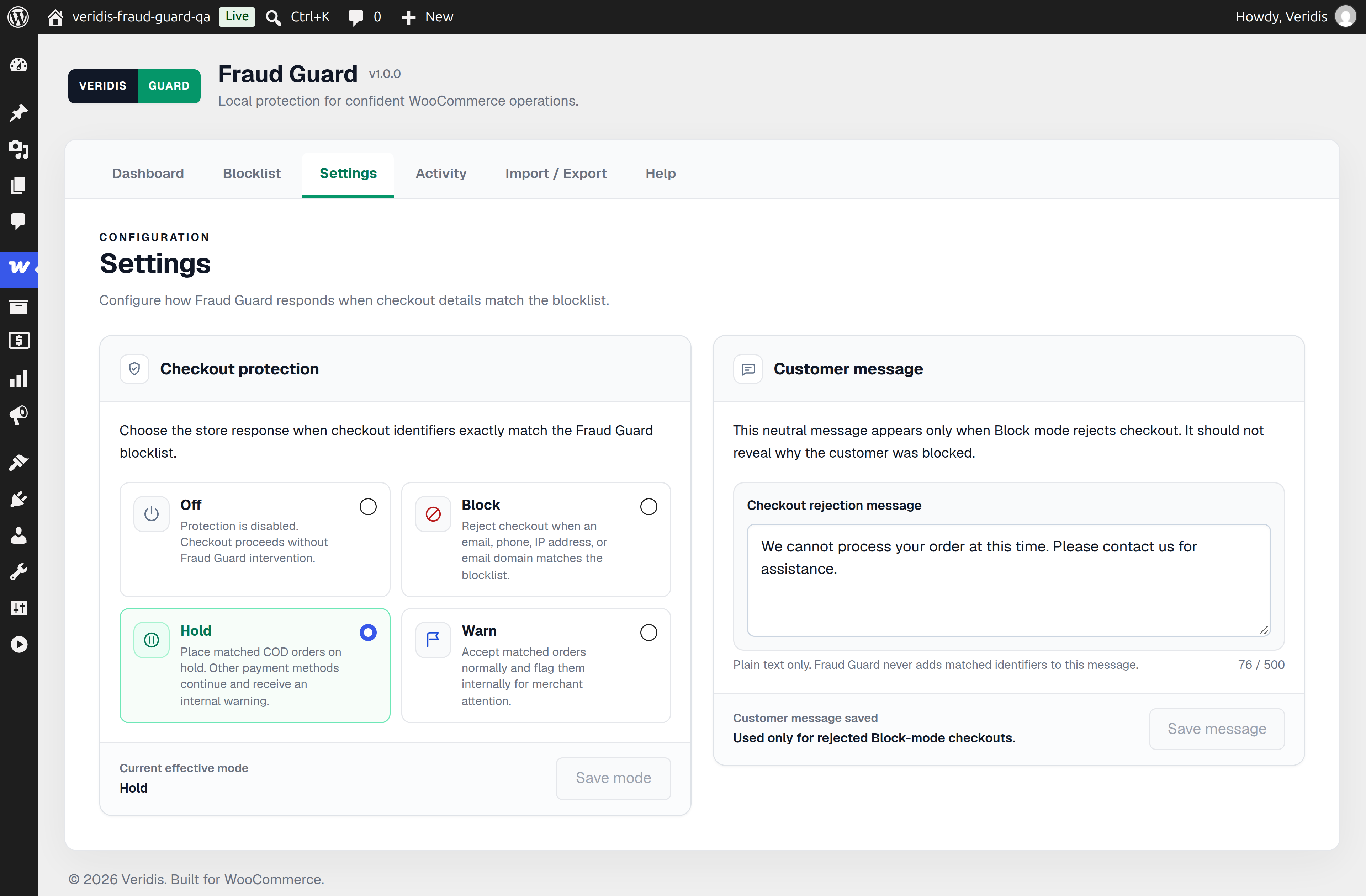Checkout protection settings for Off, Block, Hold, and Warn modes.