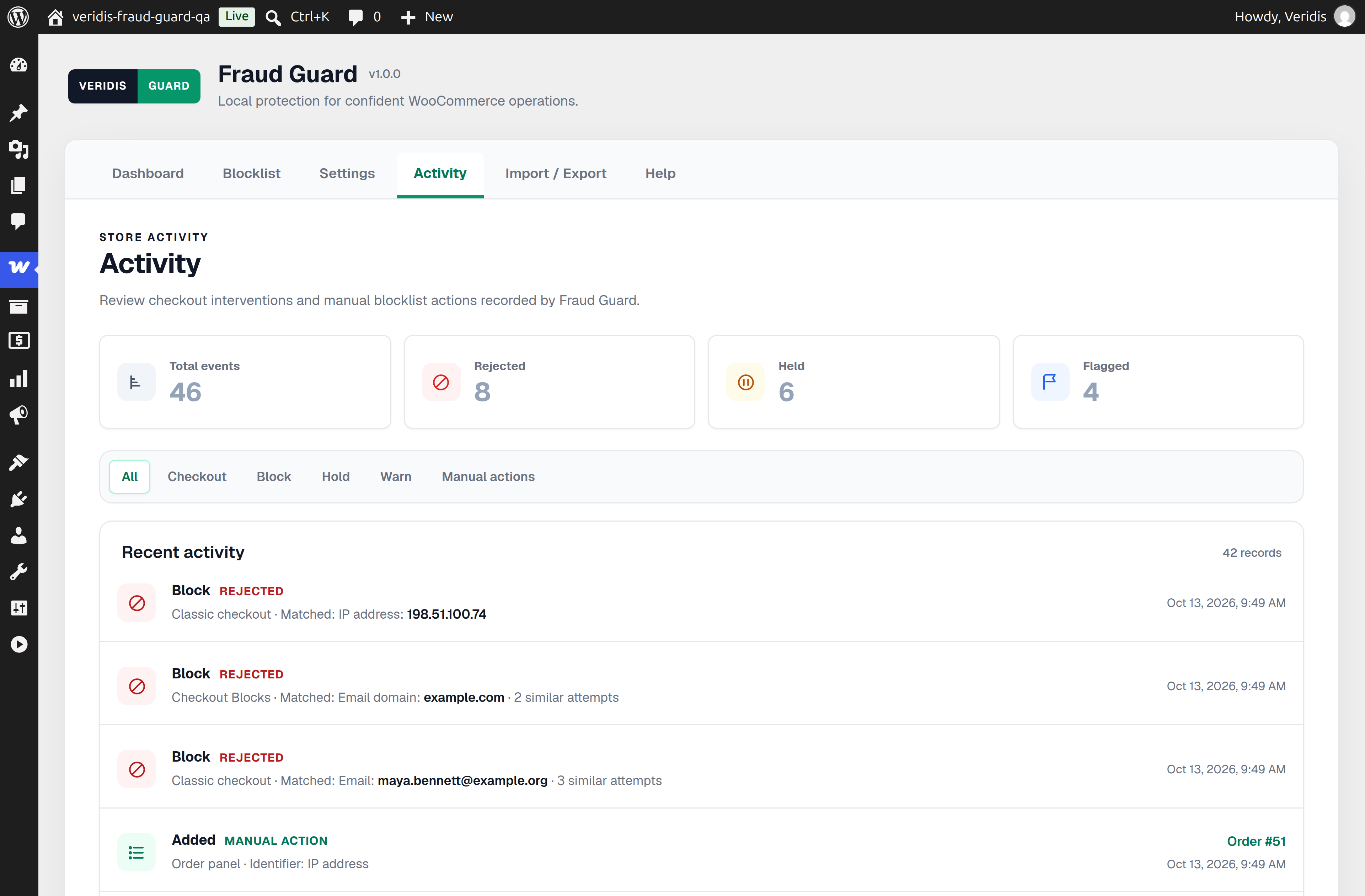 Activity timeline with matched identifiers and related WooCommerce orders.