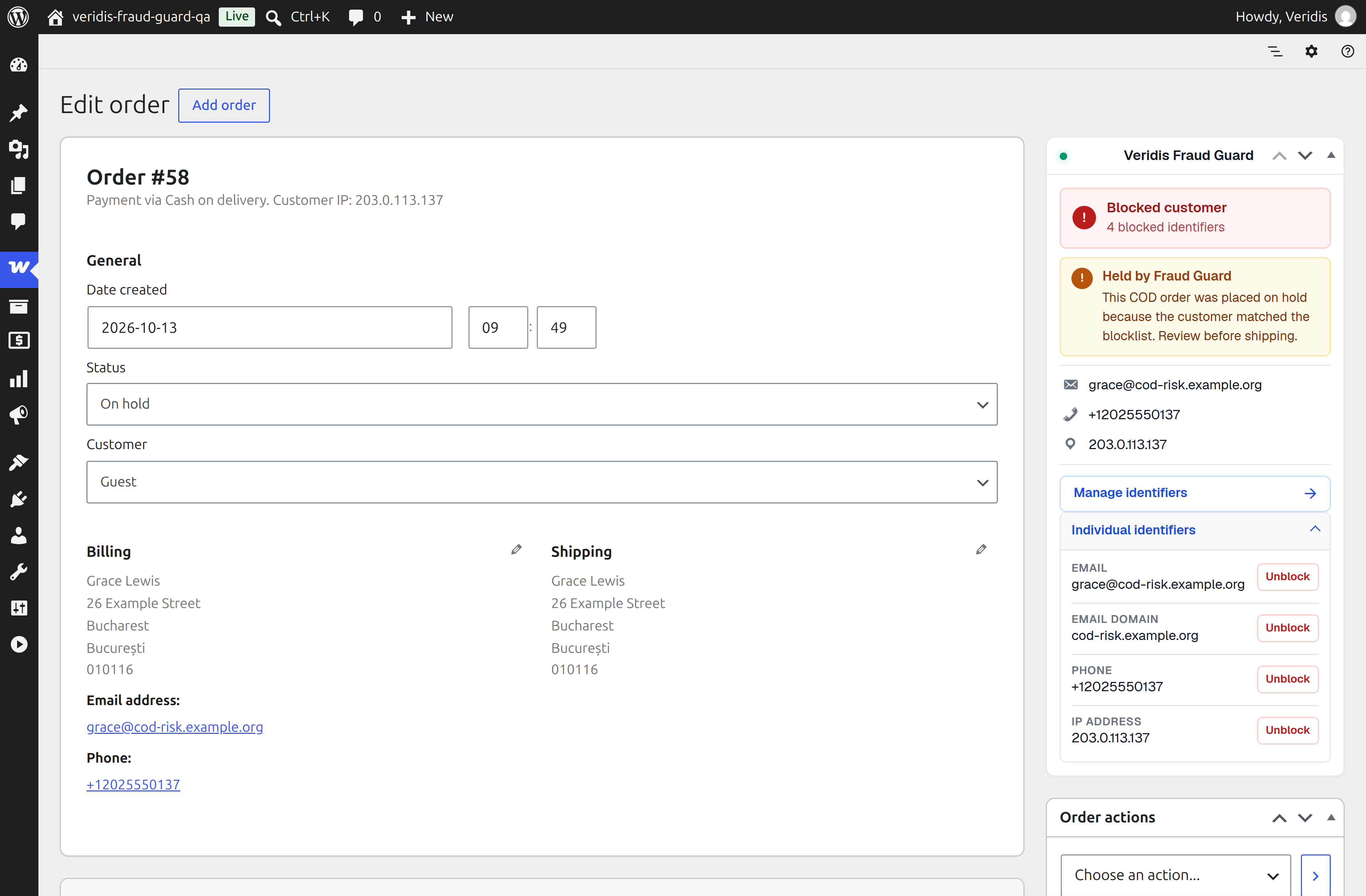 WooCommerce order tools for one-click customer blocking and individual identifiers.