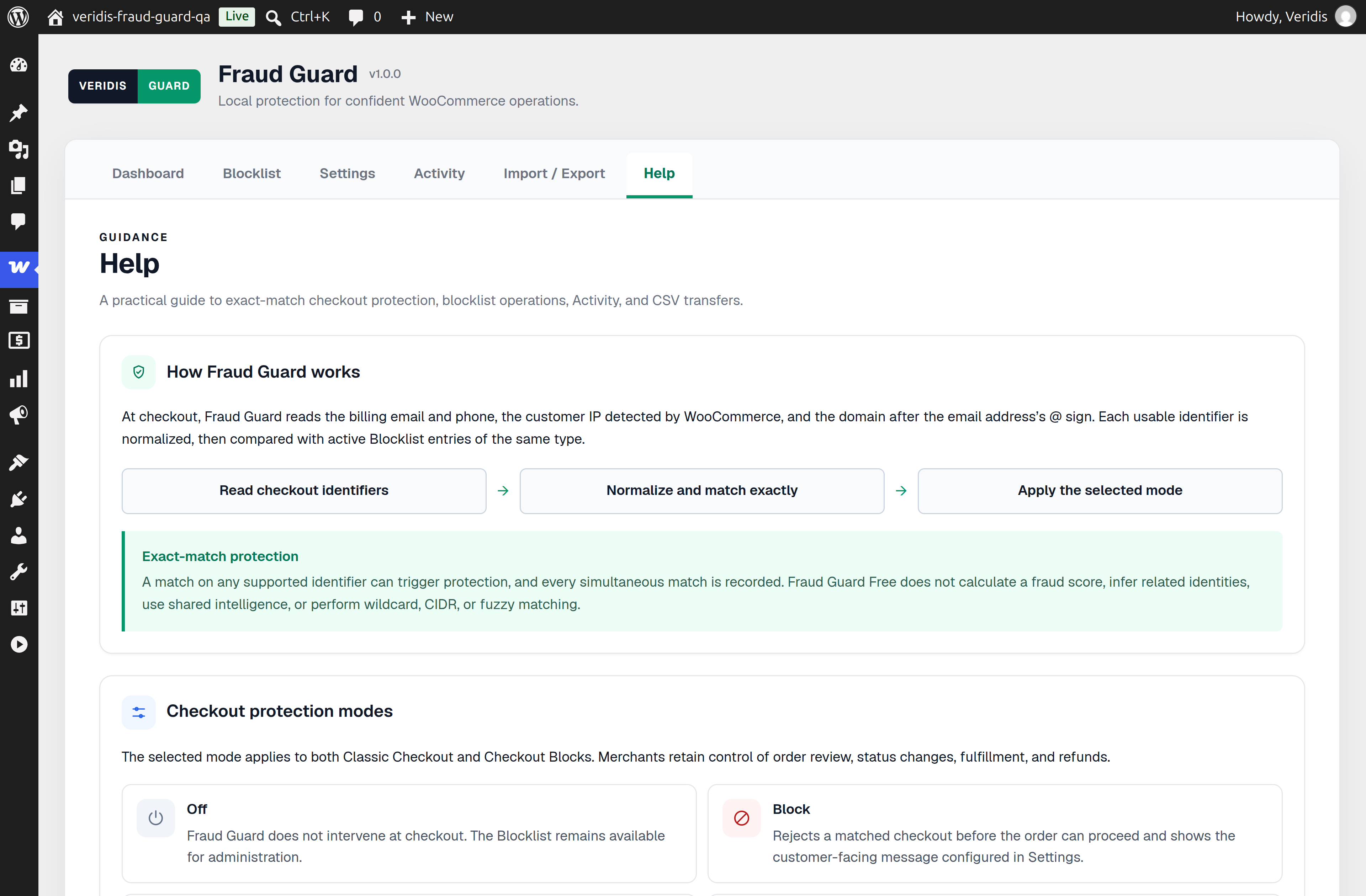 In-plugin guidance for modes, identifier formats, and privacy behavior.