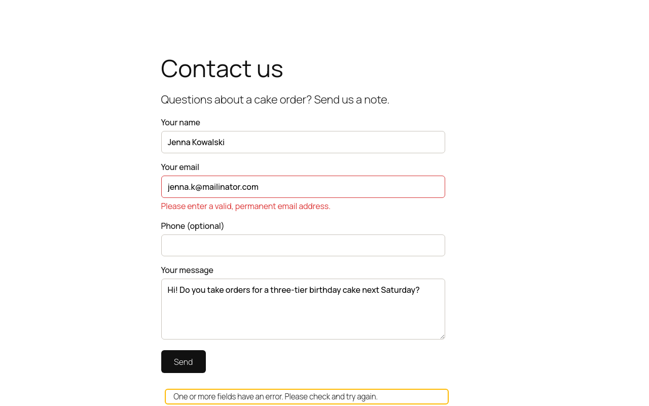 A Contact Form 7 form refusing a disposable email address.