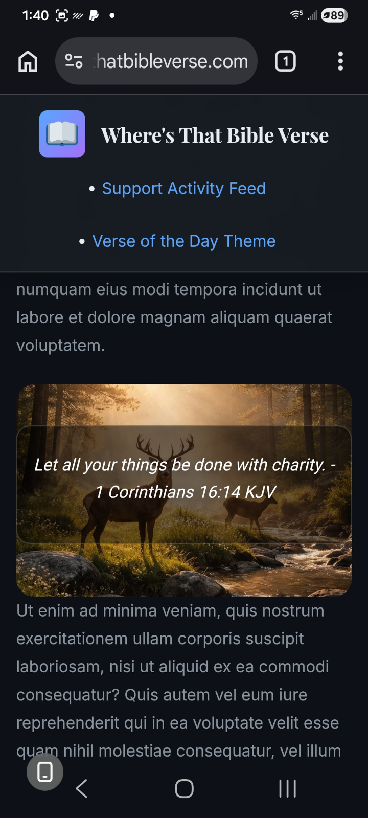 Mobile view of the widget embedded within a page using the legacy shortcode with a short verse display.