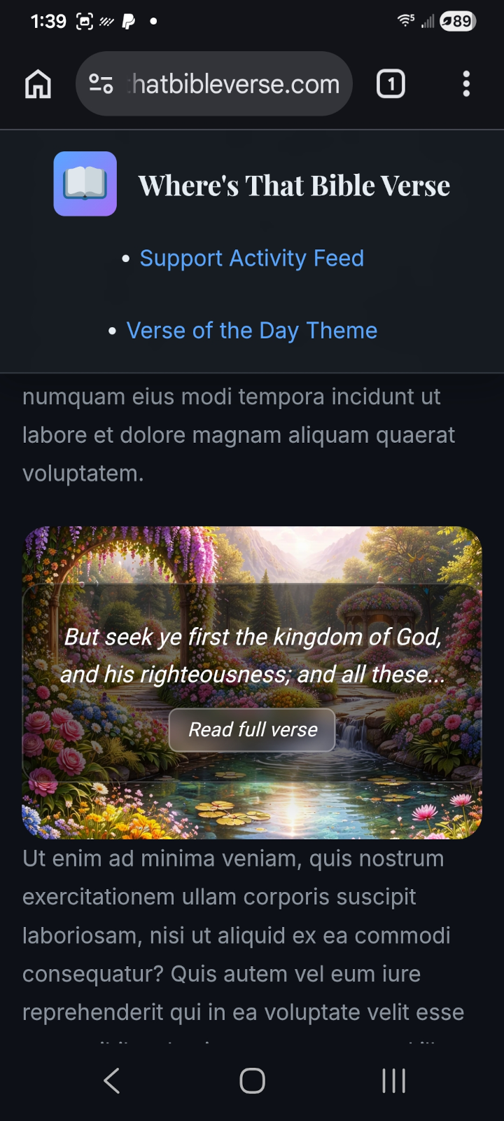 Mobile view of the widget embedded within a page using the legacy shortcode with a truncated long verse display.