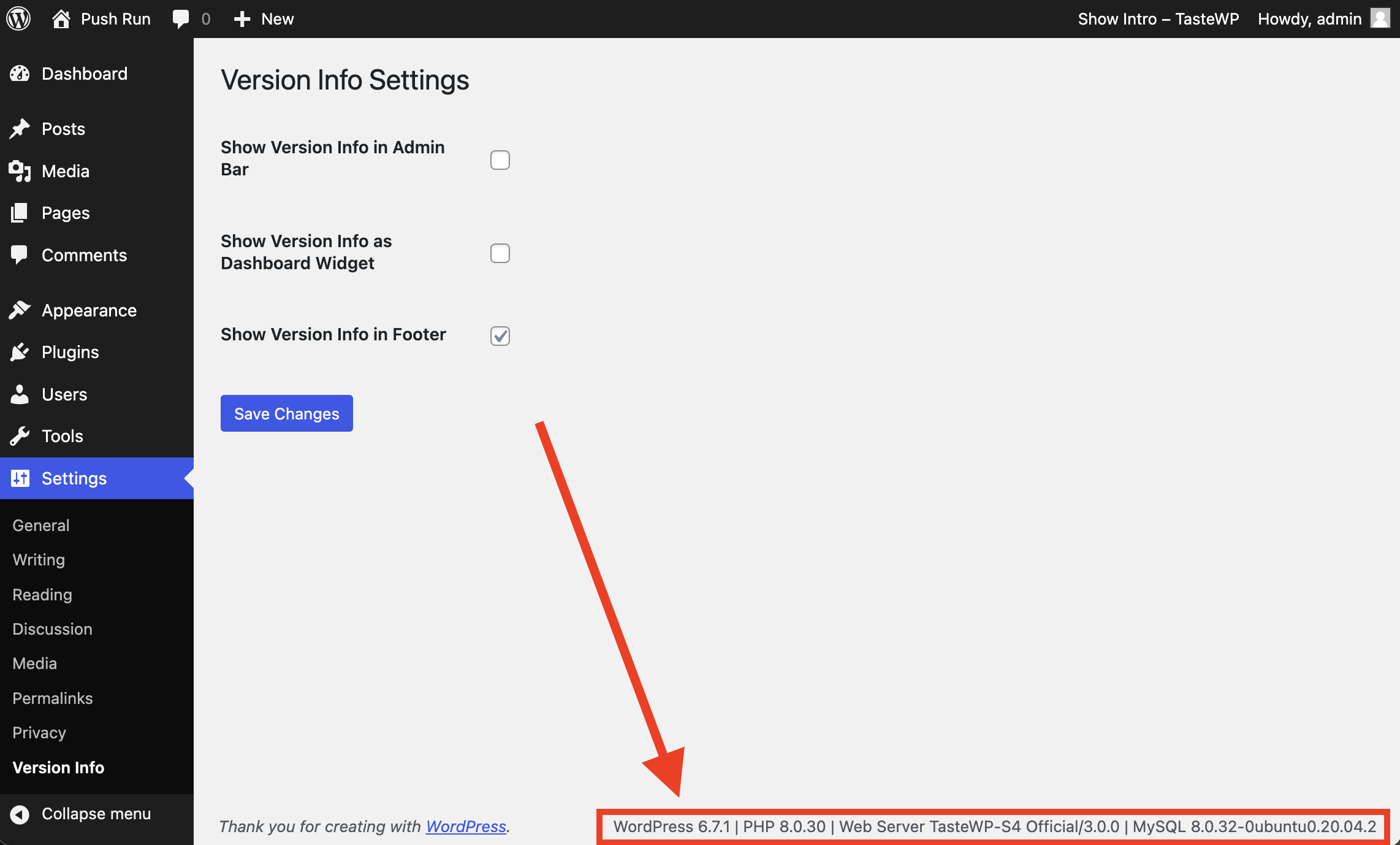 Plugin Settings Page & Footer Version Info