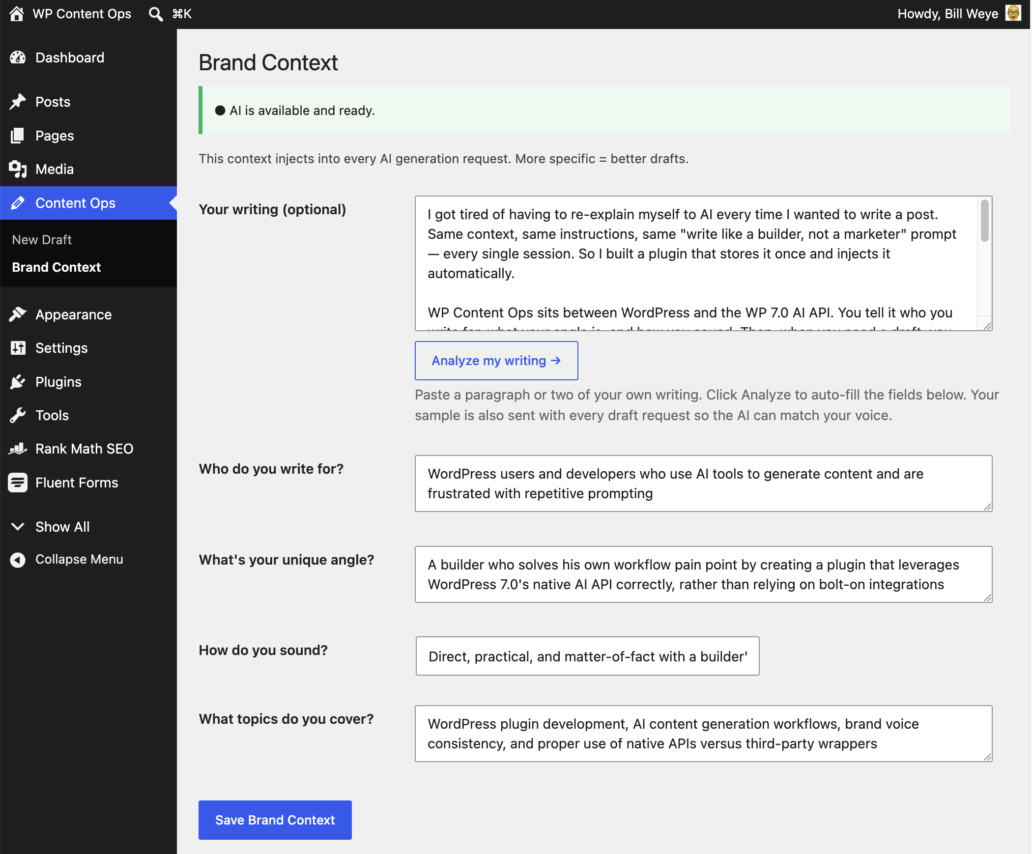 Brand Context screen — define your audience, tone, topics, and writing style.