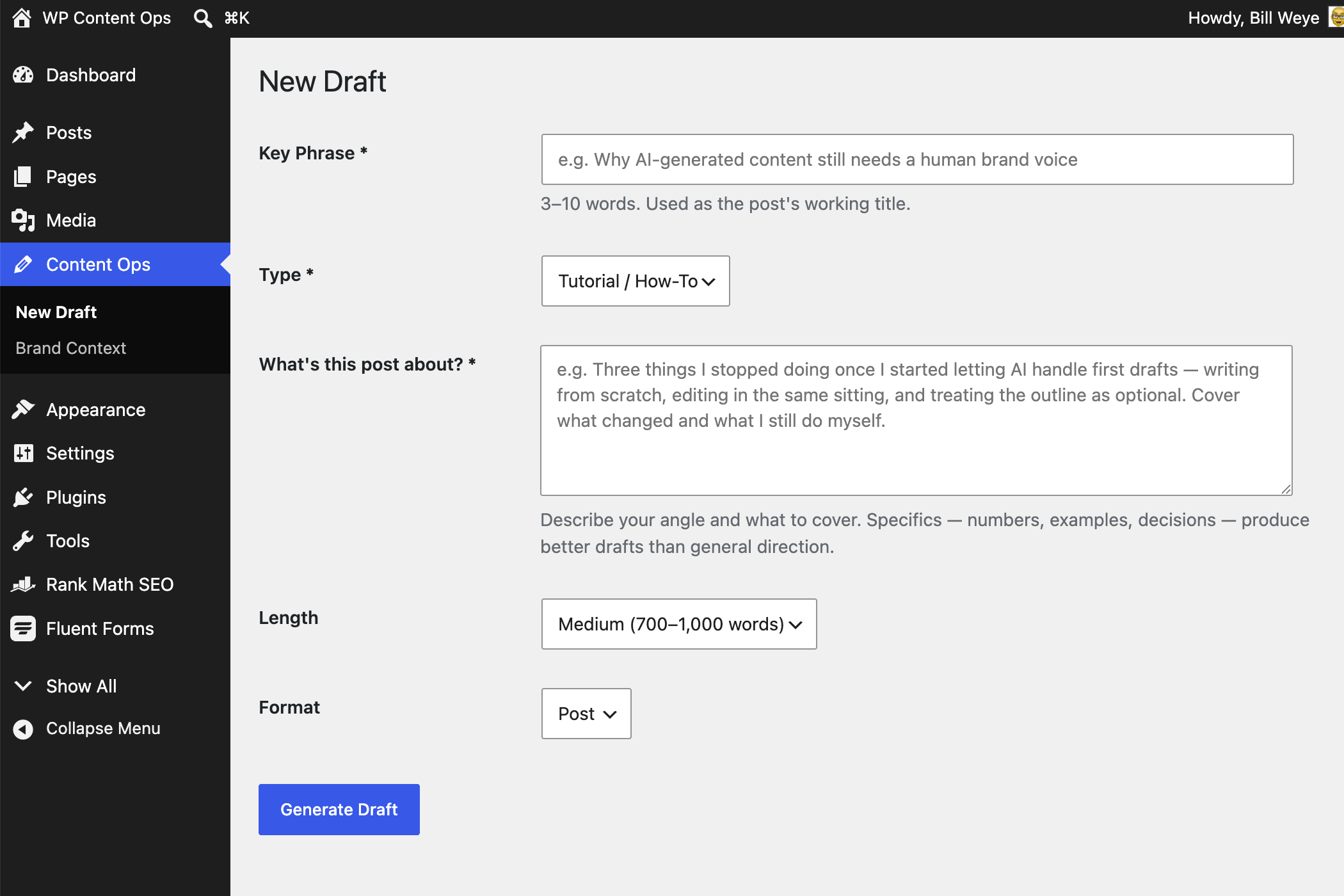 New Draft screen — enter a key phrase, pick a type and length, add intent, and generate.