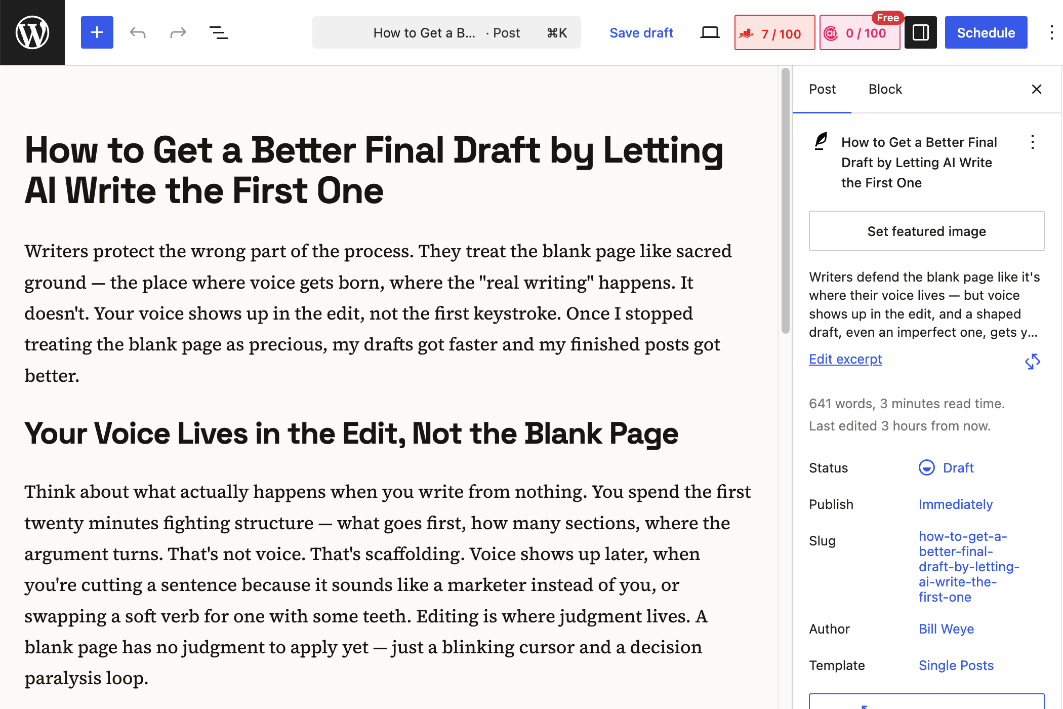 Generated draft in the WordPress editor, ready to review and publish.