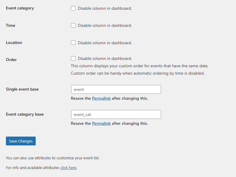 Settings page (dashboard)