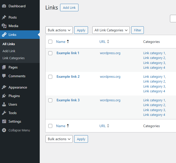 Links page (dashboard)
