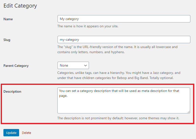 Category description (dashboard)