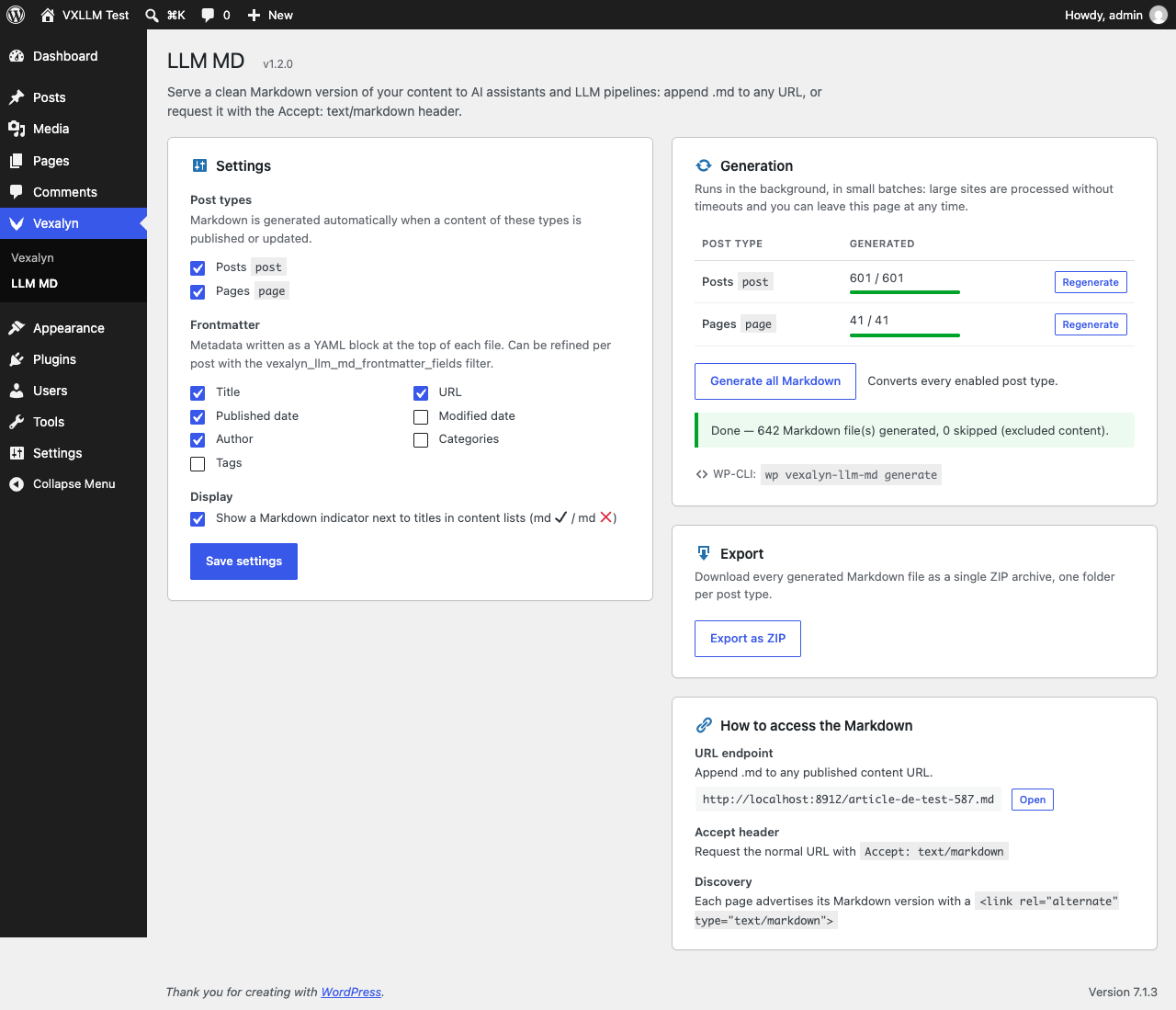 Settings page