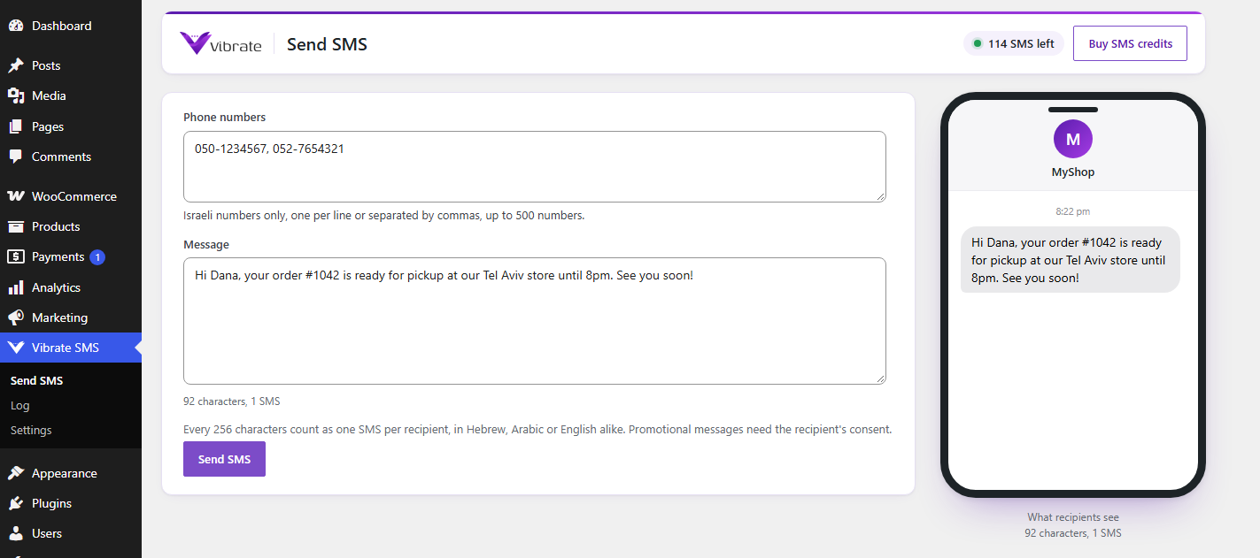 Send SMS, with a preview of the message on the recipient's phone.