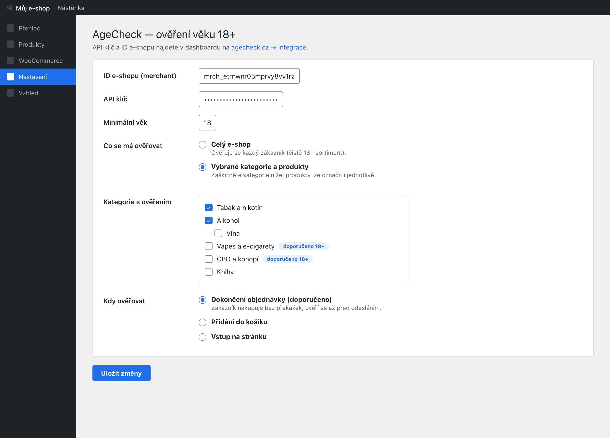 Plugin settings — category picker with 18+ suggestions