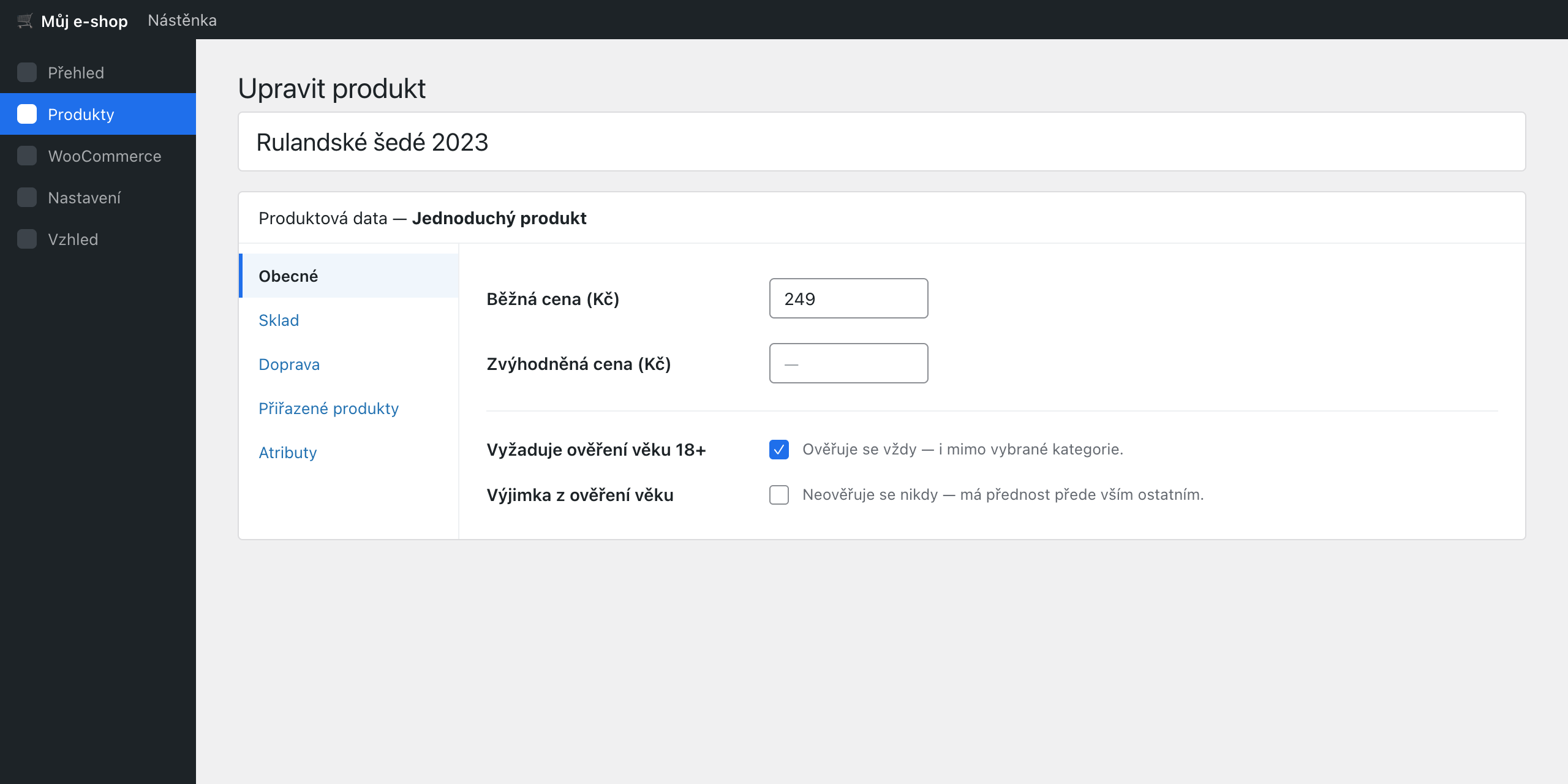 Per-product control — mark a single product as "requires 18+" or "exempt" right in the product data