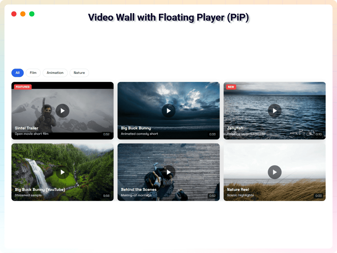 Video Wall with Floating Player (PiP).