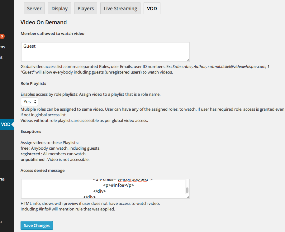 Admin settings (VOD setup)