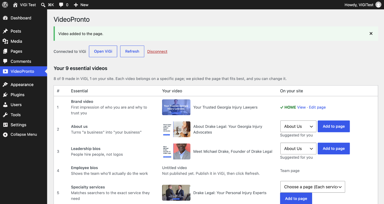 One click adds the video to the page.