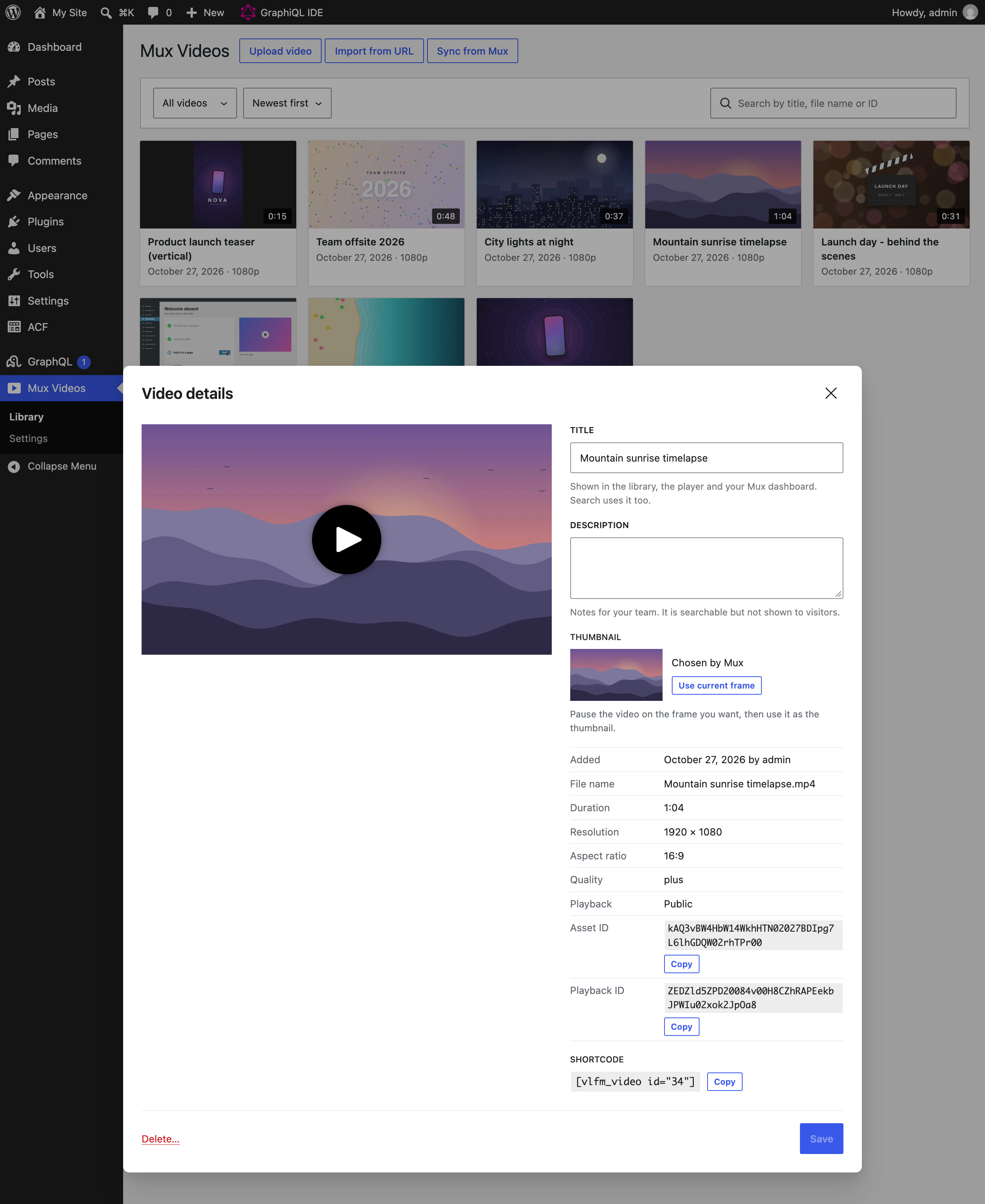 Video details: preview, title, thumbnail frame and IDs.