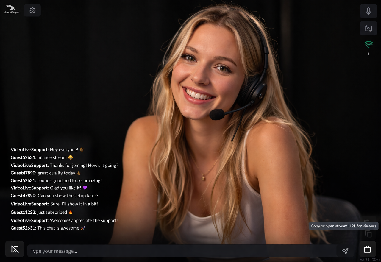 Webcam App interface for WebRTC broadcasting