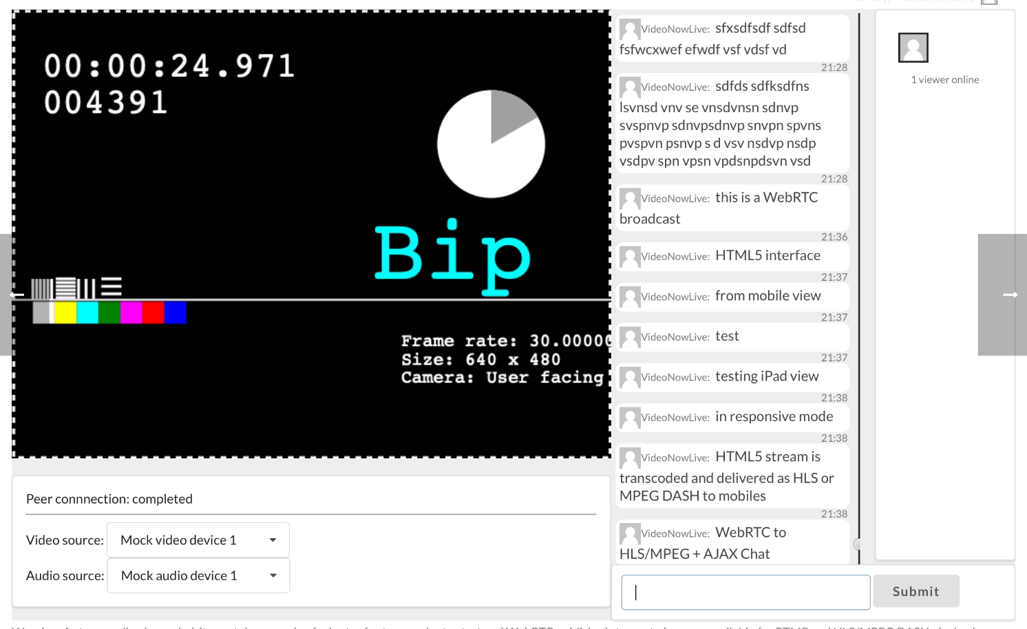 Broadcast using HTML5 WebRTC and AJAX chat (iPad view)