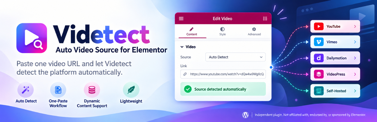 WordPress 外掛 Videtect – Auto Video Source for Elementor 的封面圖片