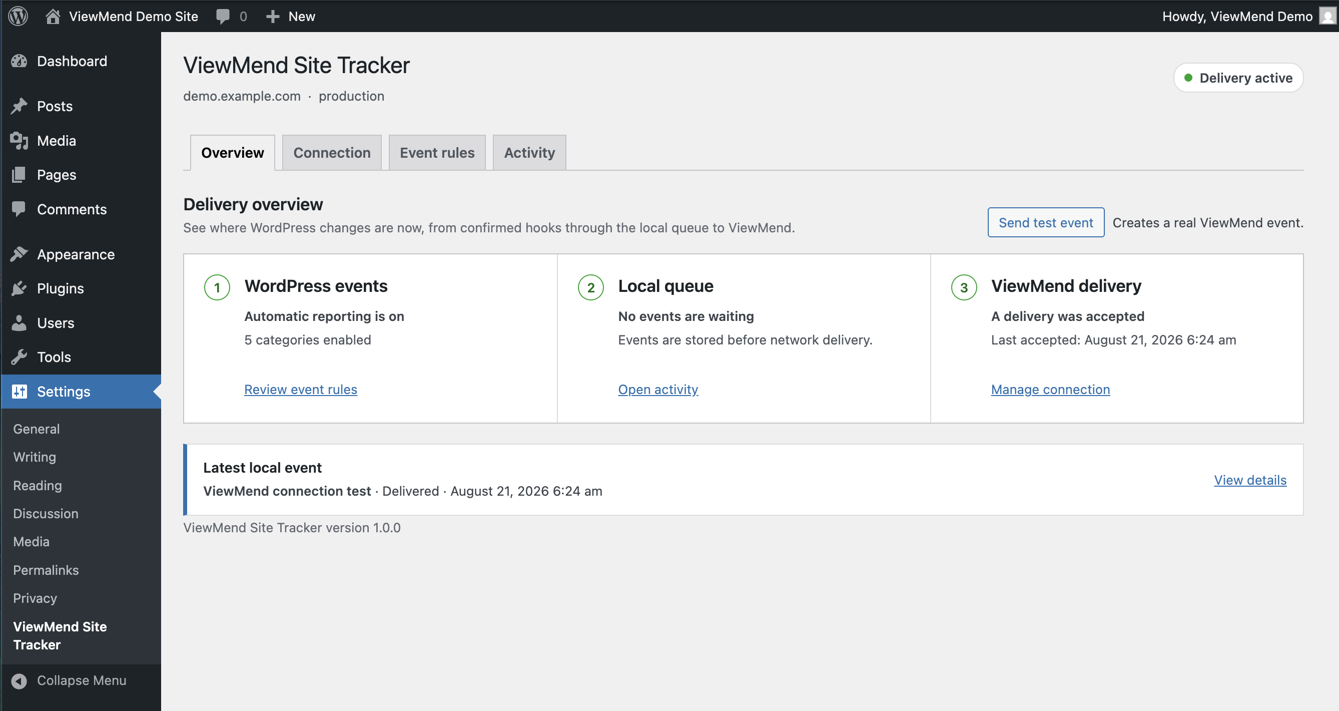 The Overview shows active event reporting, durable local queue health, and the latest delivery accepted by ViewMend.