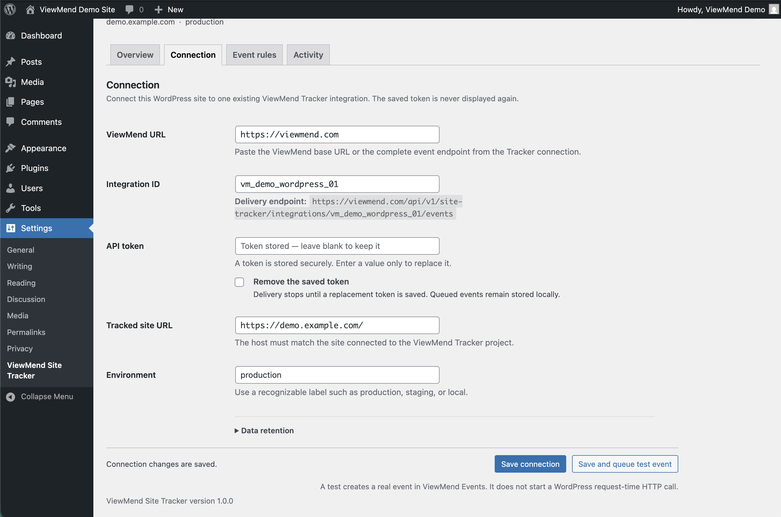 Connection settings keep the saved API token hidden while showing the exact delivery endpoint, tracked site, and environment.