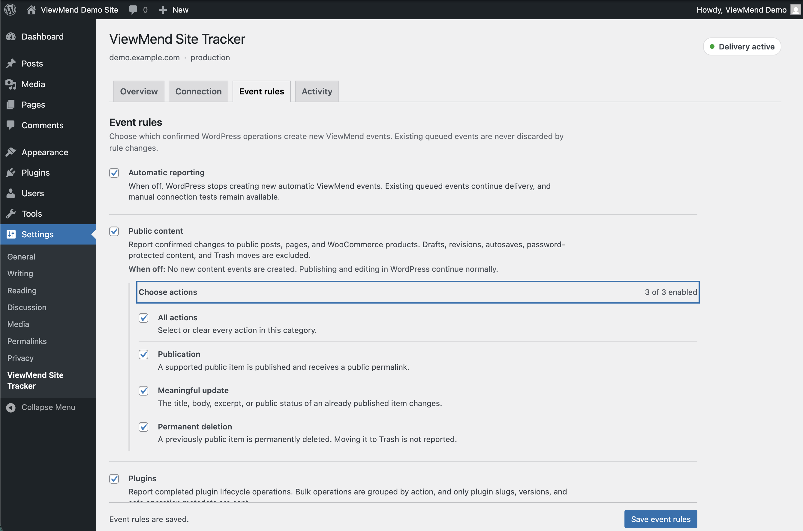 Event rules explain every confirmed WordPress action and let administrators choose publication, meaningful update, and permanent deletion events individually.
